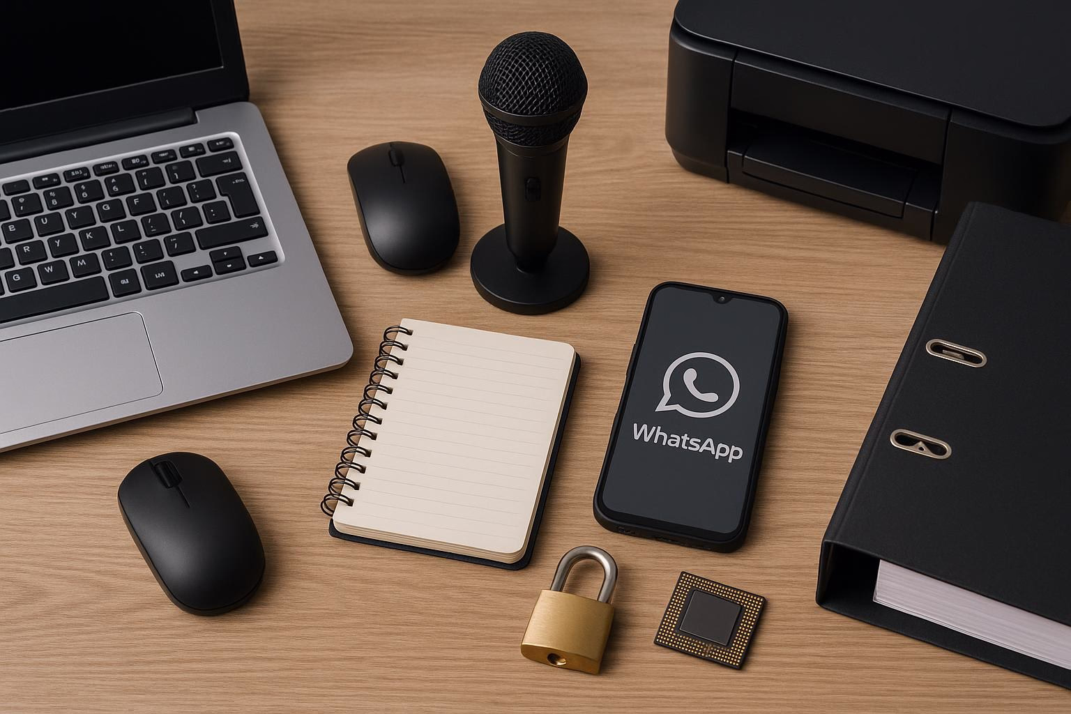 KDB Tech-Update 202602091604 Schreibtisch mit Laptop, Mikrofon, Notizbuch, Smartphone mit Messenger-Logo, Drucker und verschlüsseltem Halbleiterchip; zeigt Technik- und Kommunikationsfokus.