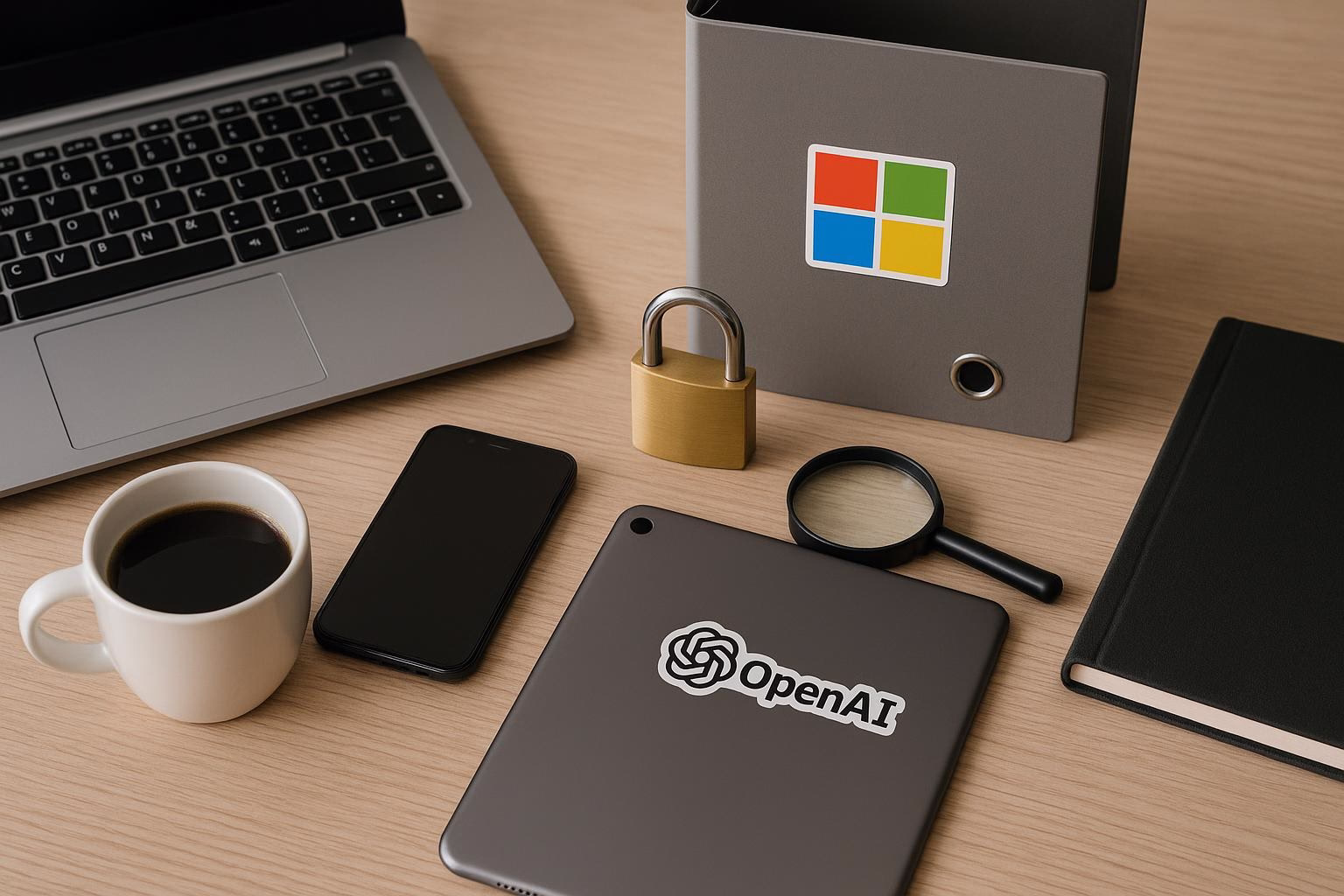 KDB Tech-Update 202602101606 Bürotisch mit Laptop, Tablet mit Symbolaufkleber, Smartphone, Kaffeetasse, Vorhängeschloss, Lupe und Notizbuch—stehen für digitale Arbeitssicherheit.