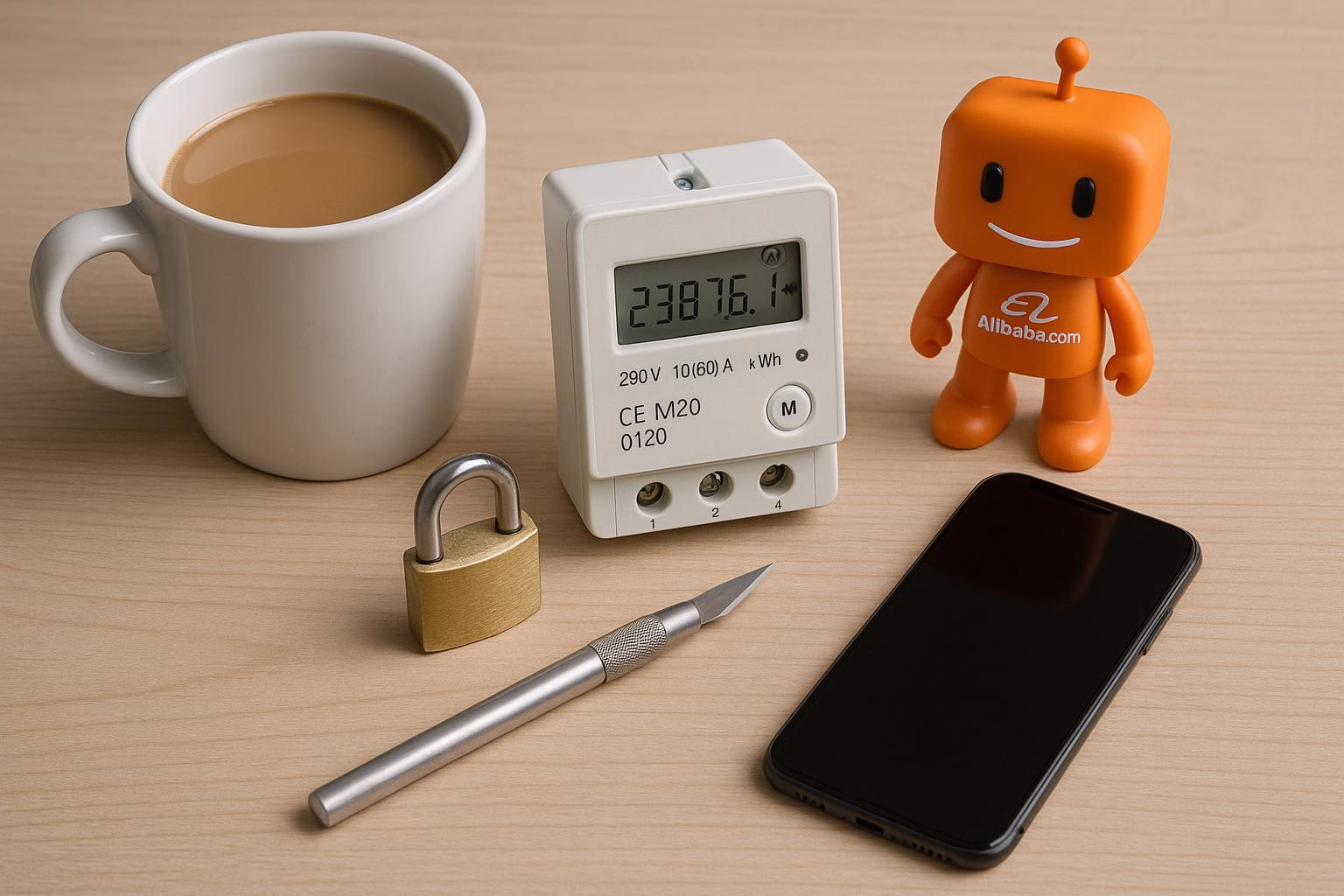 KDB Tech-Update 202602110601 Schreibtisch mit Kaffeetasse, Stromzähler, Vorhängeschloss, Skalpell, Smartphone und Roboterfigur zur Darstellung von Technik und Sicherheit.