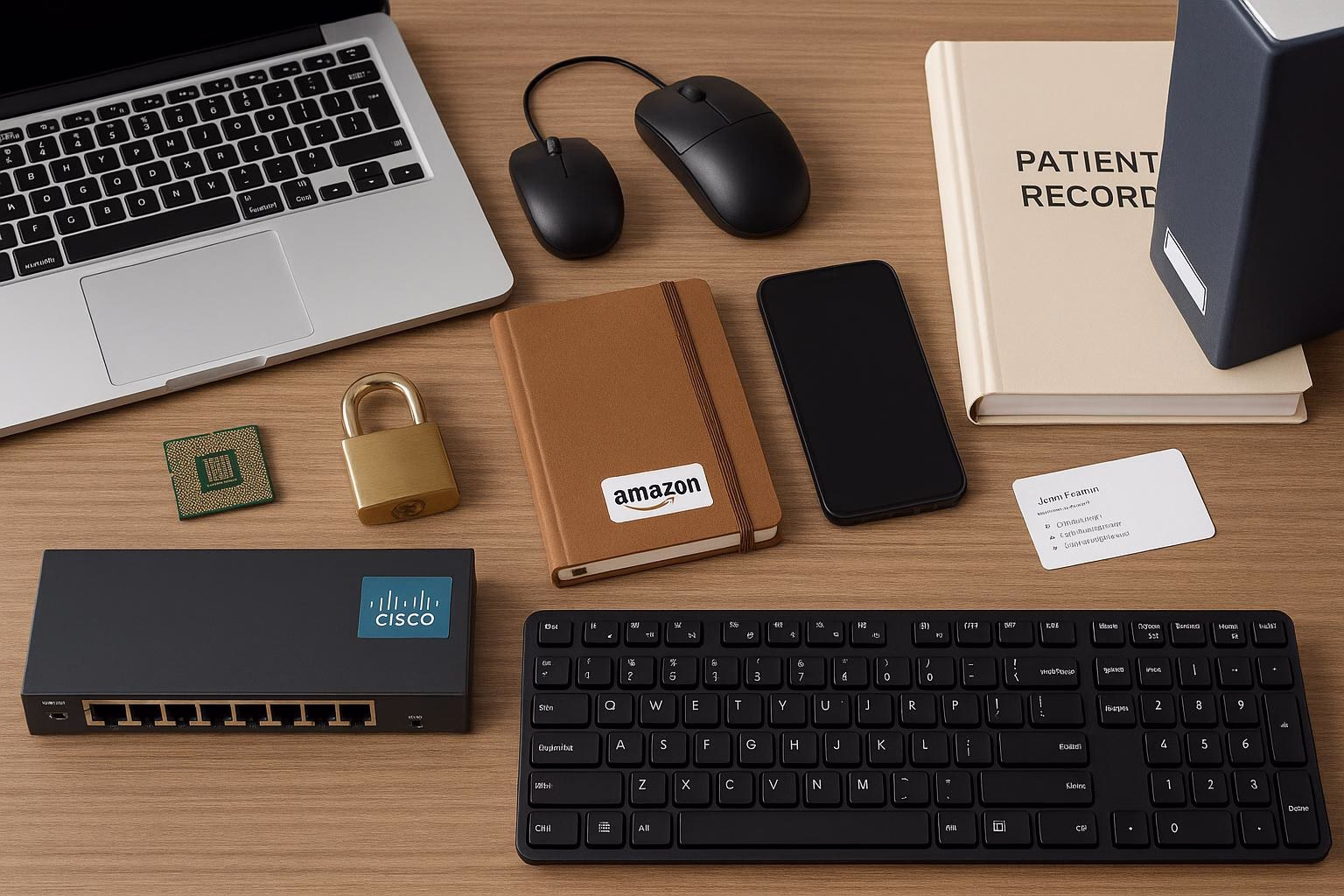 KDB Tech-Update 202602111603 Schreibtisch-Setup mit Laptop, Maus, Tastatur und Netzwerk-Switch, ergänzt durch Smartphone, Ordner, Patientenakte und Schlosssymbol als Datensicherungs-Intention.