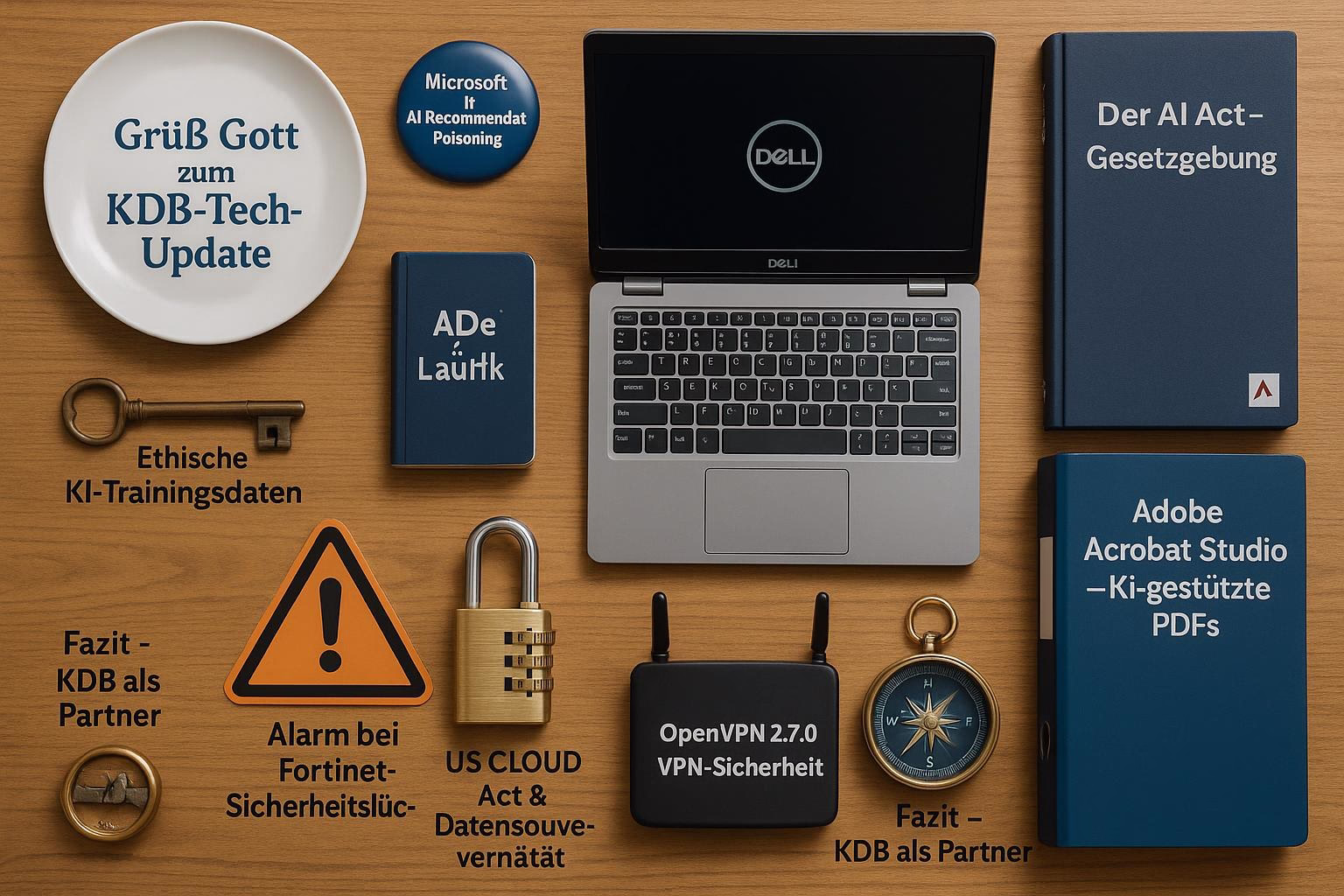 KDB Tech-Update 202602121602 Schreibtisch-Übersicht mit Laptop, Gesetzes- und PDF-Ordnern sowie Symbolen für KI, Sicherheit, VPN und Datensouveränität.