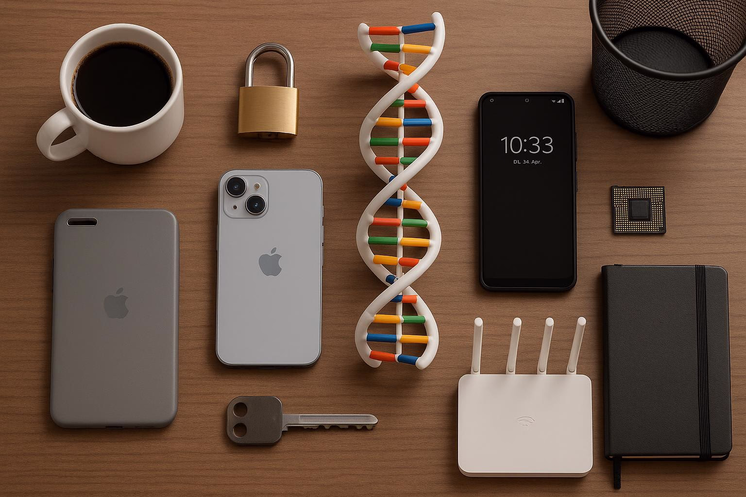 KDB Tech-Update 202602130603 Schreibtisch-Übersicht mit gesperrt wirkendem Vorhängeschloss, DNA-Modell, Smartphones und Router als Symbol für digitale Sicherheit und Technik.