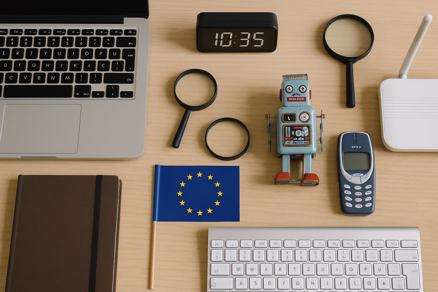 KDB Tech-Update 202602131606 Schreibtisch-Übersicht: Laptop-Tastatur, digitale Uhr, Lupe, EU-Flagge, Spielzeugroboter, Mobiltelefon, Router und Notizbuch.