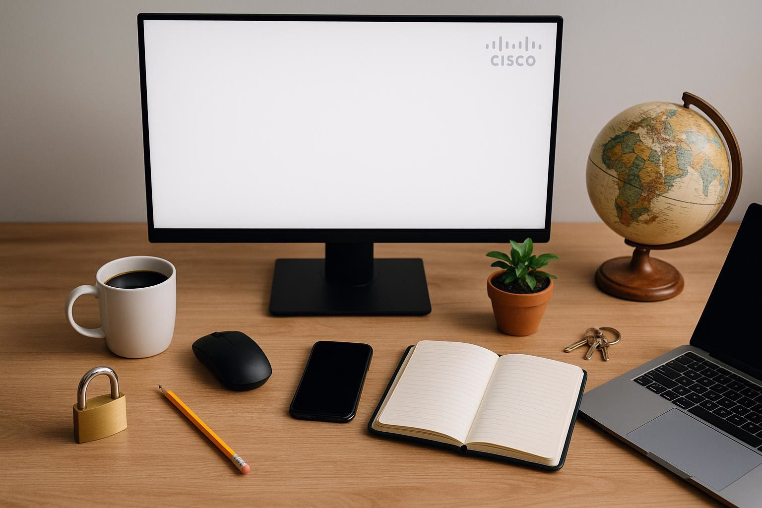 KDB Tech-Update 202602140601 Schreibtischszene: Monitor mit Logo, Laptop, Smartphone, Notizbuch und Globus; daneben Tasse, Pflanze, Schlüsselbund und Vorhängeschloss als Symbol für Planung und Sicherheit.
