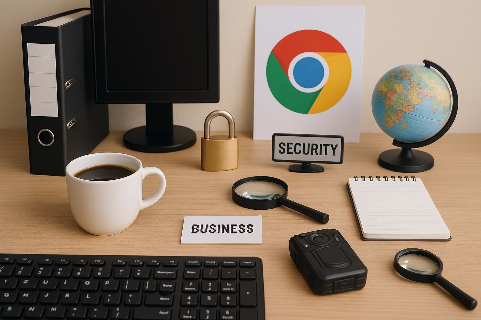 KDB Tech-Update 202602150604 Schreibtisch mit Monitor, Browser-Poster, Schloss und Security-Schild; daneben Globus, Lupe, Notizblock, Ordner, Bodycam und Kaffeetasse.