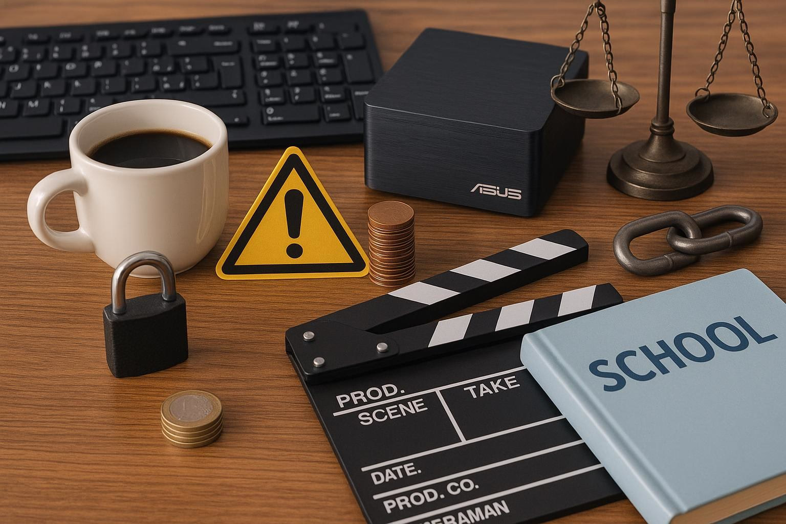 KDB Tech-Update 202602160602 Schreibtisch mit Kaffeetasse, Münzenstapeln, Tastensymbolen, Vorhängeschloss, Warnschild, Waage, Mini-PC und Filmklappe als Symbol für Technik-Update.