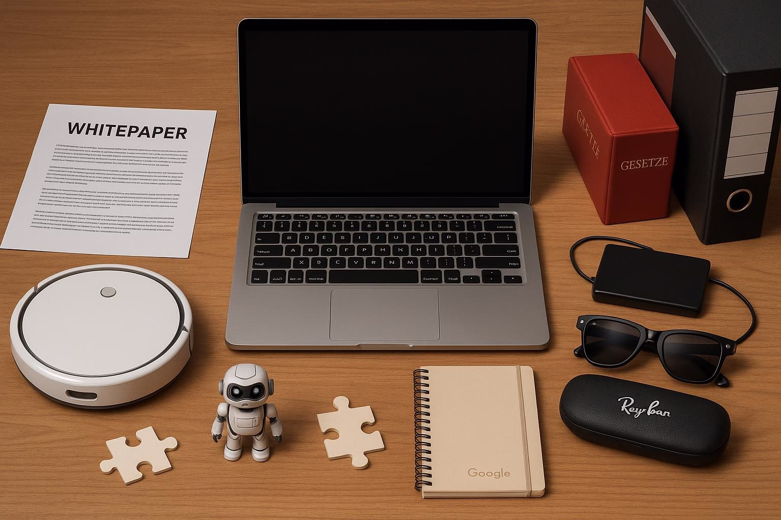KDB Tech-Update 202602161605 Schreibtischszene mit Laptop, Whitepaper, Gesetzesbuch, Notizblock und Externer Festplatte; ergänzt durch Roboter und Puzzlestücke zur Technik-Übersicht.