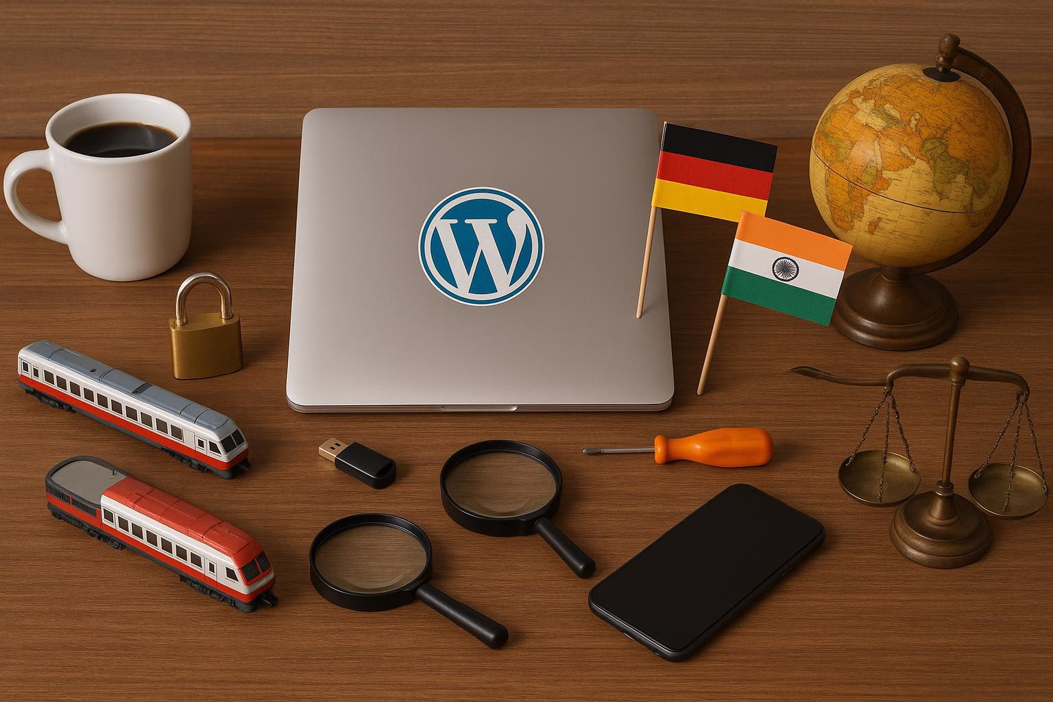 KDB Tech-Update 202602190604 Schreibtisch mit Laptop, Globus, Flaggen und Werkzeug; daneben USB-Stick, Smartphones, Lupe und Waage als Symbol für Updates und Kontrolle.