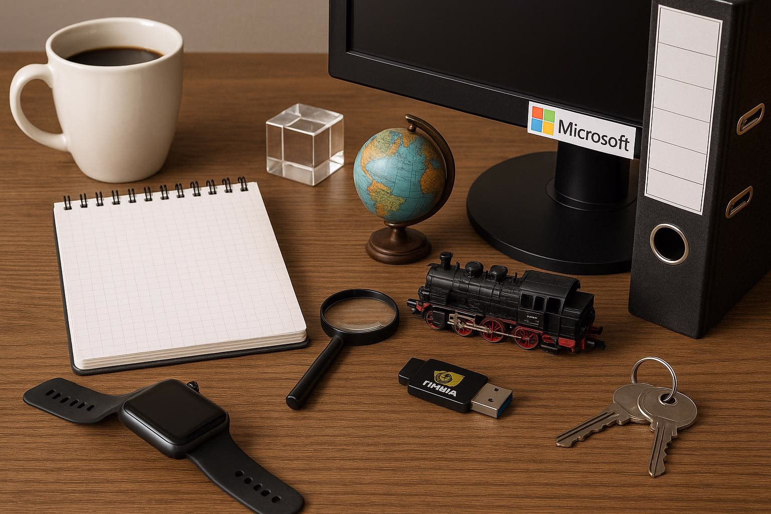 KDB Tech-Update 202602191605 Schreibtisch mit Monitor, Kaffeetasse, Notizblock, Globus, Glaswürfel, Miniaturzug, Smartwatch, USB-Stick und Schlüsseln als Arbeits- und Technik-Setup.
