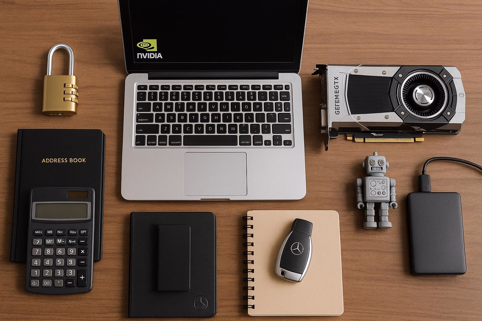 KDB Tech-Update 202602211605 Schreibtisch-Übersicht mit Laptop, Grafikkarte, externer Festplatte, Schloss, Taschenrechner, Adressbuch und Roboterspielzeug sowie Schlüsseln.