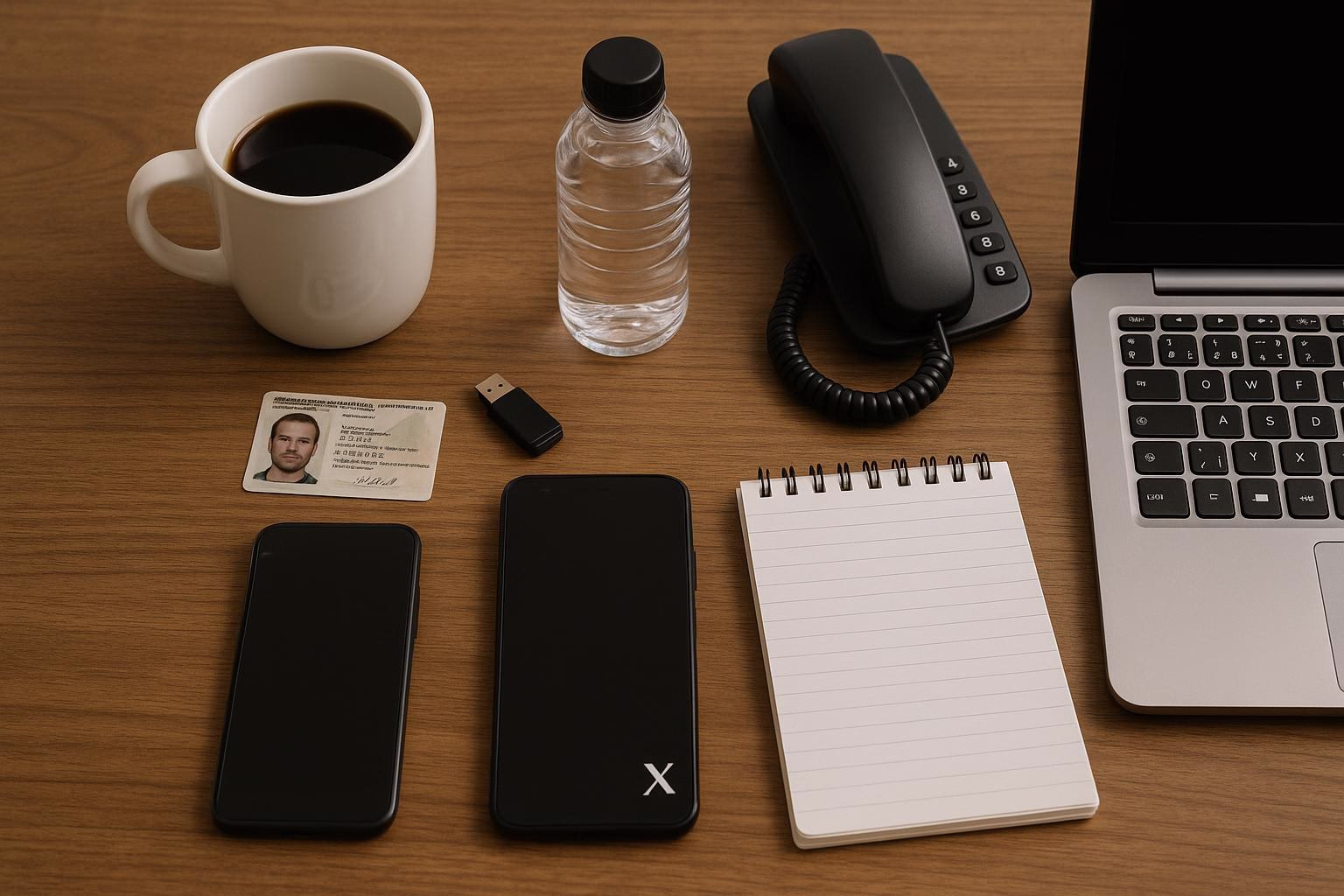 KDB Tech-Update 202602230604 Schreibtisch mit Kaffeetasse, Wasserflasche, Ausweis, USB-Stick, Telefon, Notebook und Laptop; typische Arbeits- und Kommunikationsgeräte.