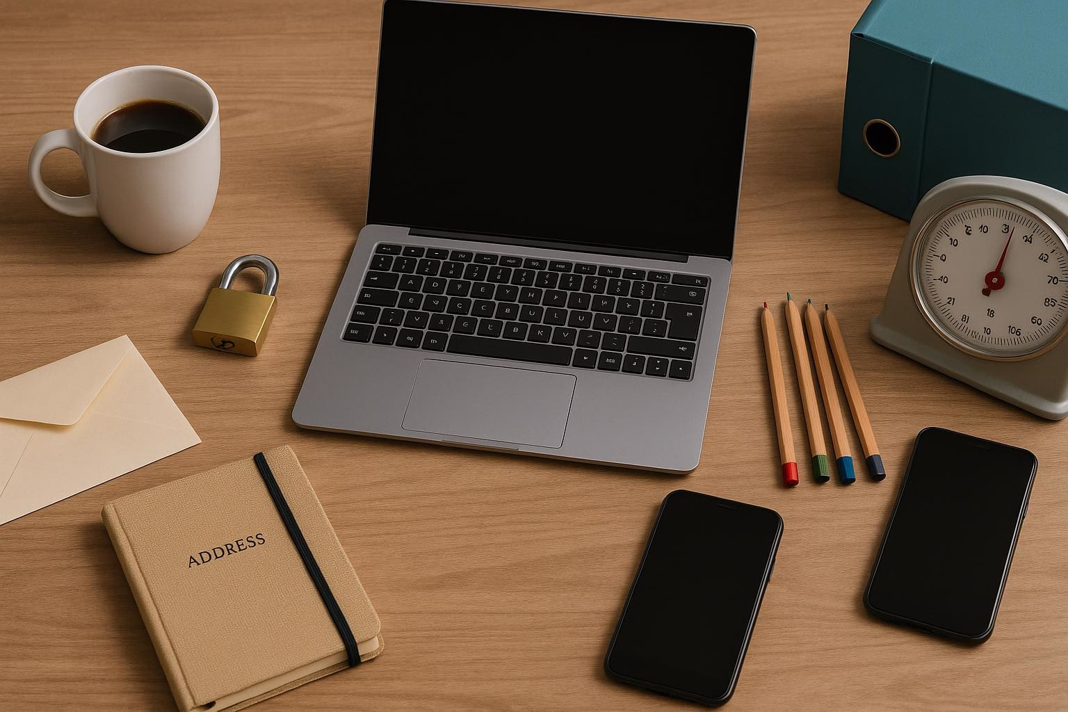 KDB Tech-Update 202602231603 Schreibtisch-Übersicht mit Laptop, Vorhängeschloss, Waage, Stiften und Telefon – stellt Arbeitsumgebung mit Sicherheitsfokus dar.