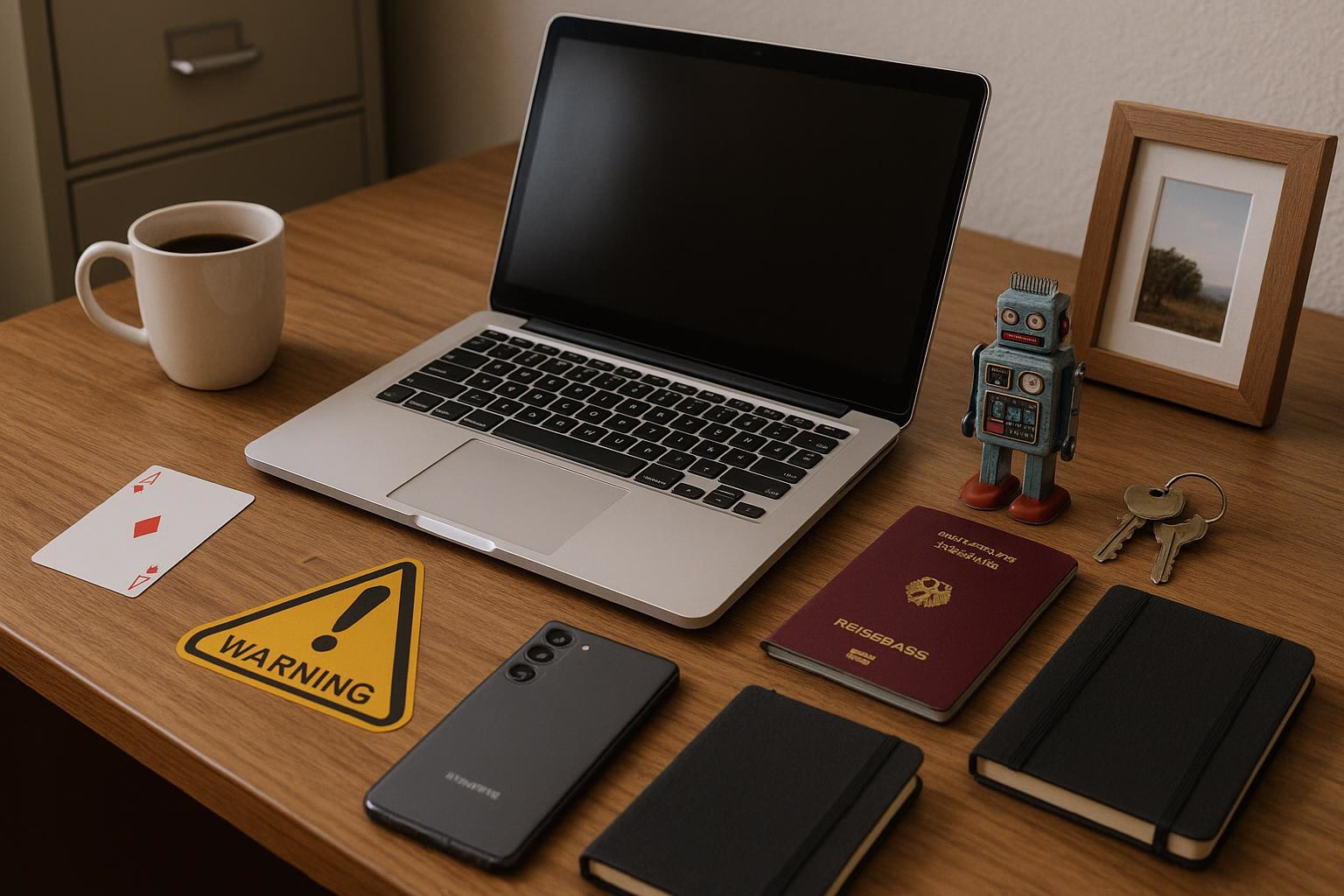 KDB Tech-Update 202602240605 Schreibtisch: geöffnetes Laptop, Kaffeetasse, Smartphone und Reisepass neben Warn- und roter Spielkarte; zeigt Arbeits- und Reise-Setup.