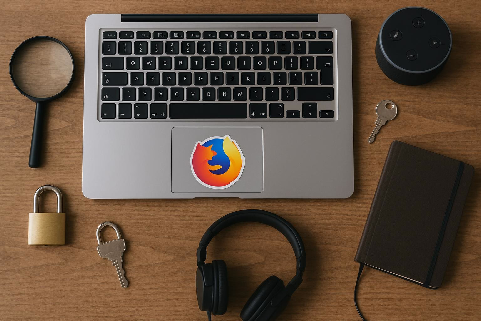 KDB Tech-Update 202602241607 Laptop mit Firefox-Aufkleber, daneben Lupe, Headset, Schlüssel, Vorhängeschlösser und Daten-/Datenschutz-Thema-Zubehör auf dem Schreibtisch.
