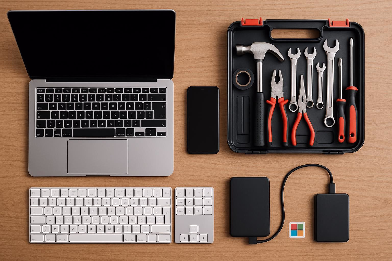 KDB Tech-Update 202602251606 Schreibtisch-Setup mit Laptop, Smartphone, externer Festplatte und Werkzeugkoffer; ordnet Arbeitsmittel für Reparatur und Datenzugriff.