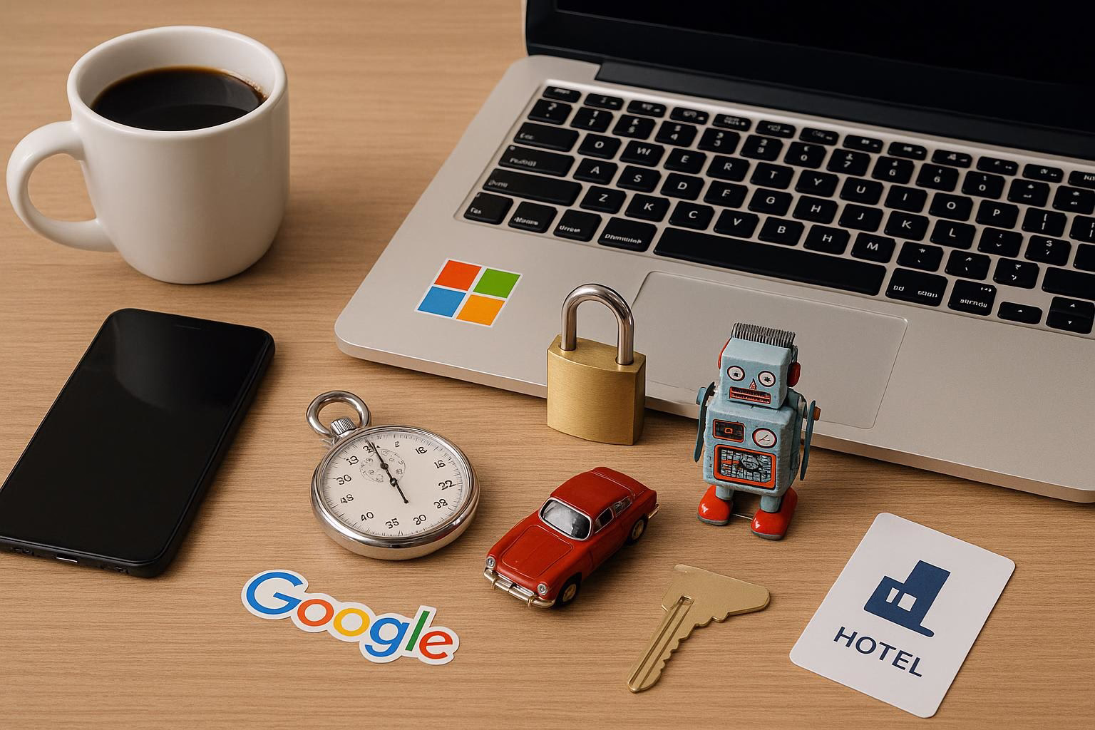 KDB Tech-Update 202602260606 Arbeitsplatz mit Laptop und Kaffeetasse; daneben verschlossener Vorhängeschloss, Hotel-Schlüsselkarte, Roboterfigur und Stoppuhr als Symbol für Sicherheit und Zeit.