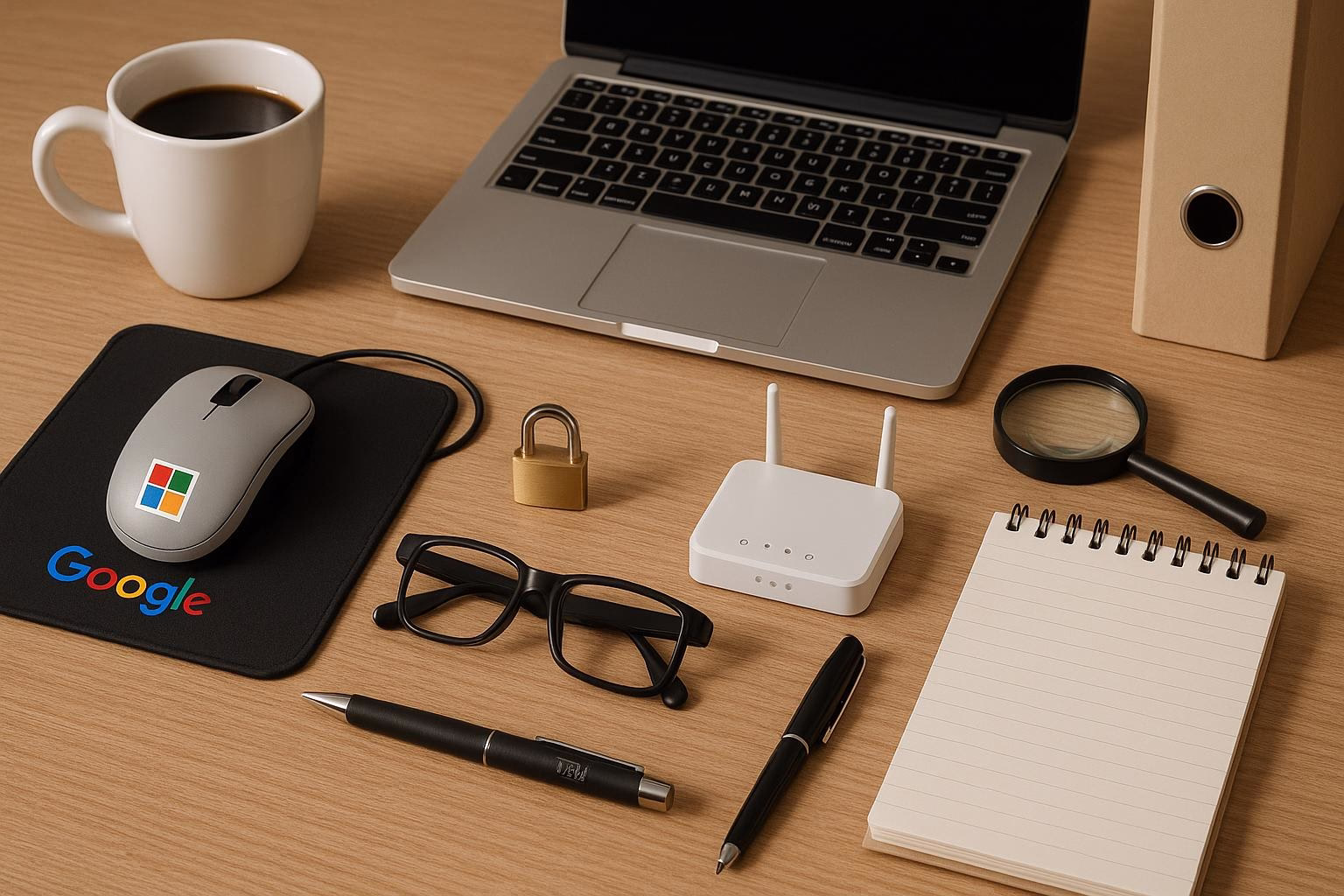 KDB Tech-Update 202602270602 Schreibtisch-Setup mit Laptop, Kaffeetasse, Maus, Router, Daten-Stift und Notizblock; Technik- und Arbeitsumgebung für Updates.