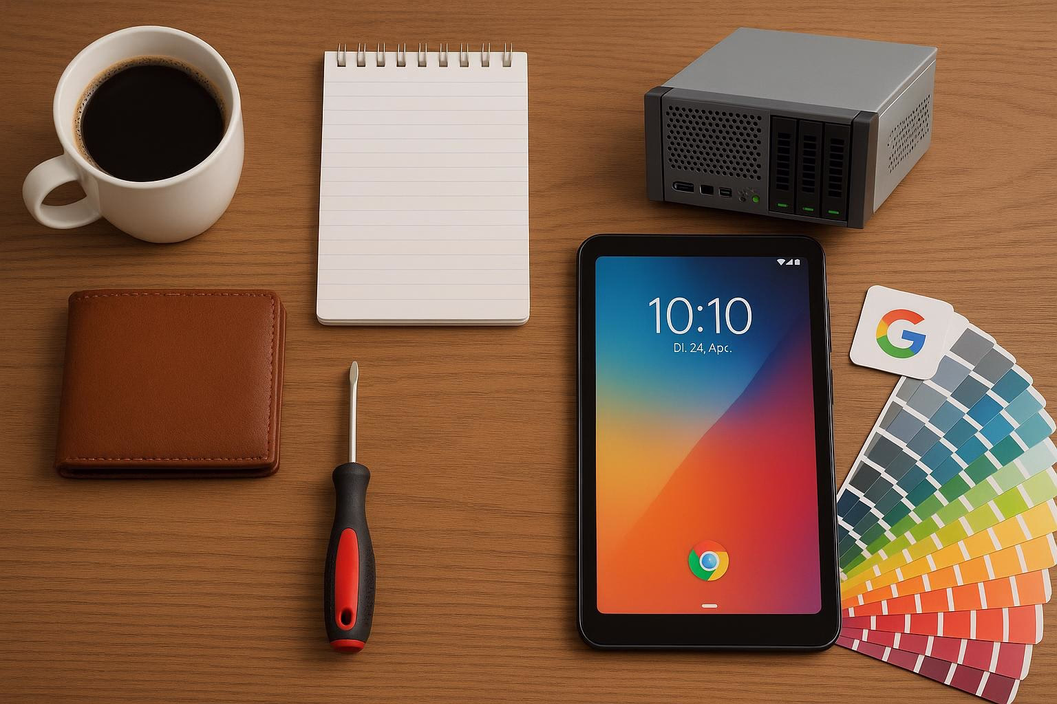 KDB Tech-Update 202602271605 Kaffeetasse, Notizblock, Geldbörse, Mini-Server, Schraubendreher, Tablet und Farbpalette auf dem Schreibtisch zur Arbeits-Übersicht.
