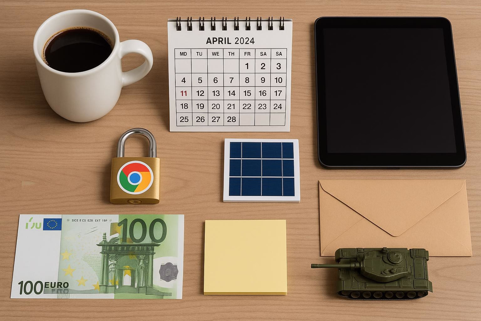 KDB Tech-Update 202602280601 Schreibtisch mit Kaffee, Kalender, Tablet, Solarzelle, Briefumschlag, Geldschein, Vorhängeschloss, Post-it und Spielzeugpanzer.