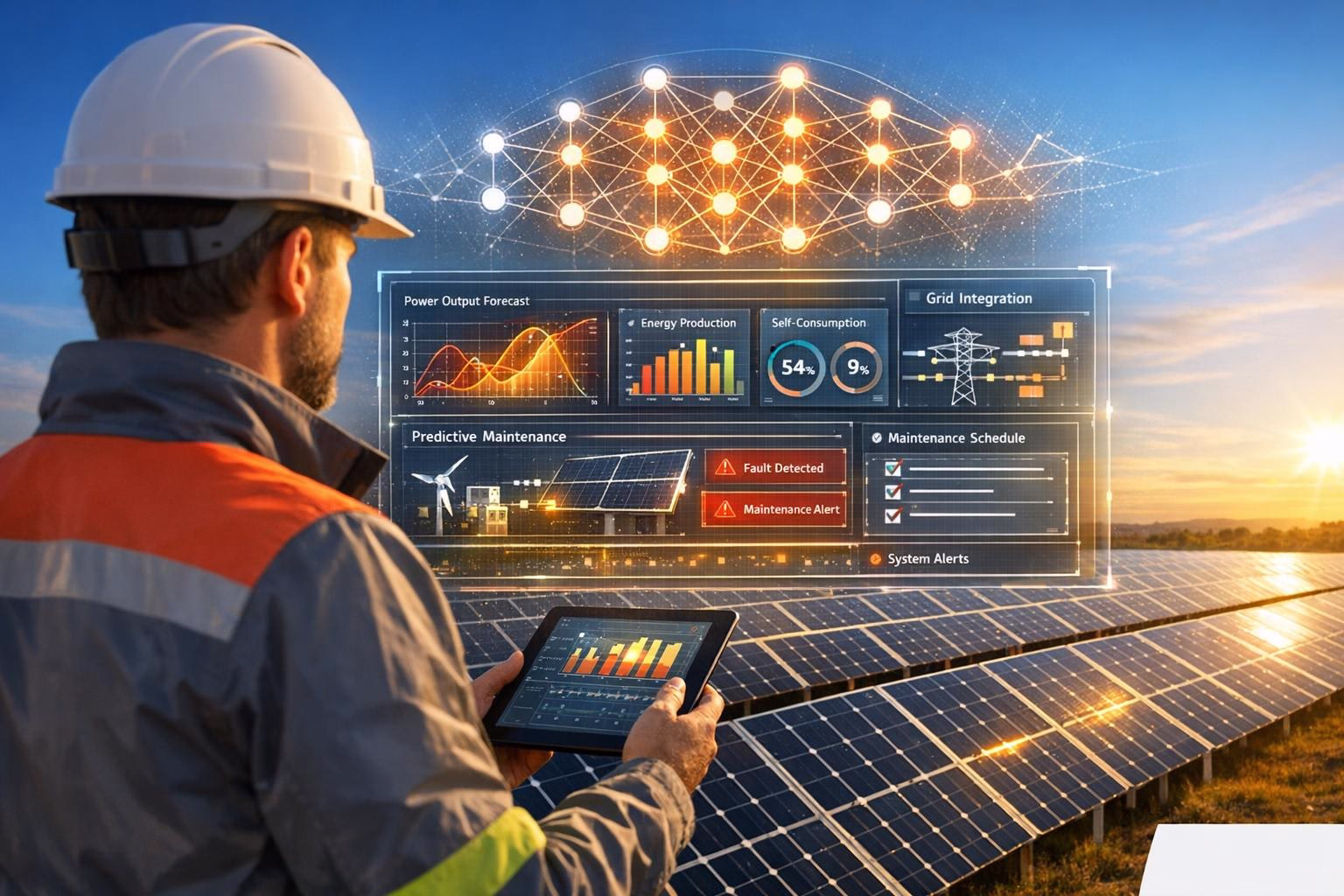 bild-ki-recherche-1 Techniker mit Tablet betrachtet KI-optimierte Dashboard-Grafiken zu Energieprognose, Wartung und Netzintegration über Solarmodulen.