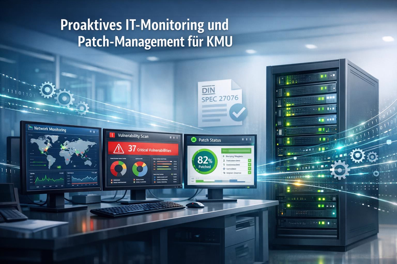 bild-ki-recherche-2 Rechenzentrum mit Monitoren für Netzwerküberwachung, Schwachstellenscan und Patch-Status; Serverrack im Hintergrund, Visualisierung für proaktives IT-Management.