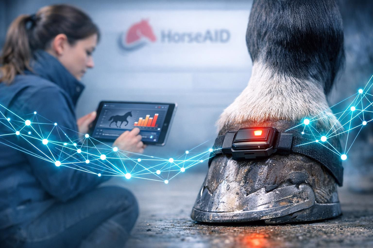 bild-ki-recherche-3 Personen arbeiten am Tablet, während eine Tierpfote mit digitalem Sensor und rotem Licht Daten über Netzwerkanalyse erfasst.