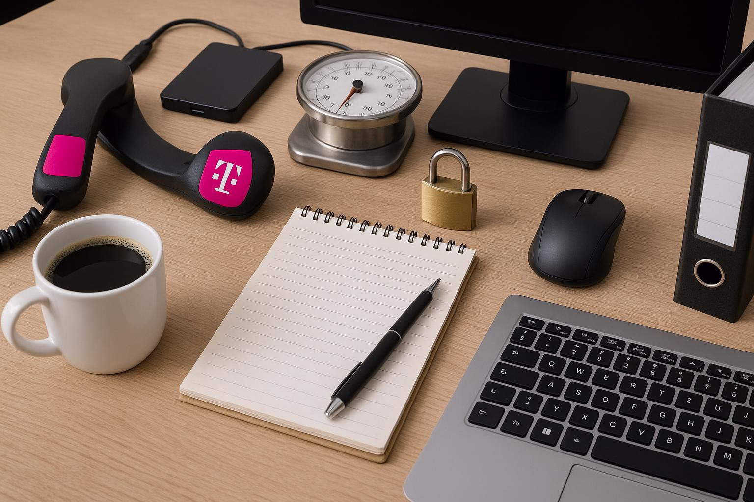 KDB Tech-Update 202603021605 Schreibtisch mit Laptop, Notizblock, Stift, externem Speicher, Waage, Vorhängeschloss und Telefonhörer – zeigt eine vorbereitete Arbeits- und Sicherheitsumgebung.