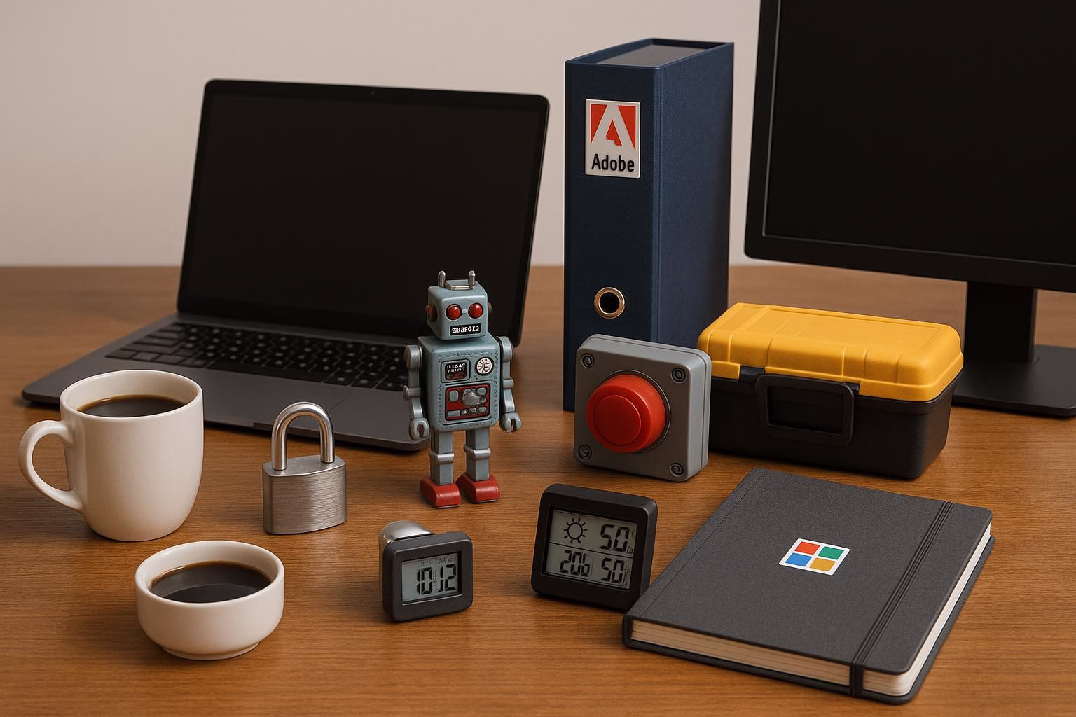 KDB Tech-Update 202603030602 Schreibtisch mit Laptop und Bildschirm, Robotikfigur, Kaffee und Wetterstation; Unterlagenordner, Werkzeugkiste und Alarmknopf symbolisieren Technik-Update.