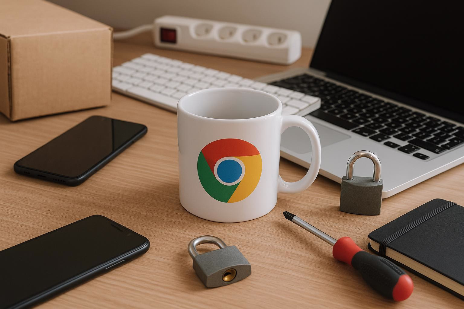 KDB Tech-Update 202603041602 Weiße Kaffeetasse mit farbigem Browser-Logo auf Laptop und Tastatur; daneben Sperrschloss, USB-/Stromleiste und Werkzeug—Sicherheit/Tech-Update.