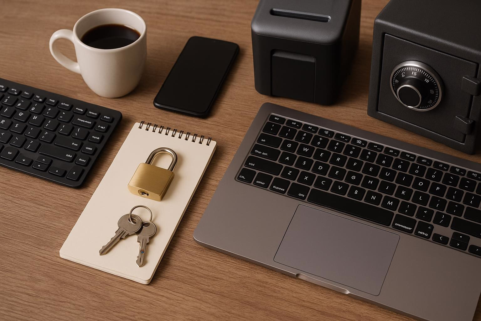 KDB Tech-Update 202603050606 Schreibtisch mit Laptop, Notizblock und Schlüsseln; ein Vorhängeschloss symbolisiert Datensicherheit neben einem verschließbaren Tresor.