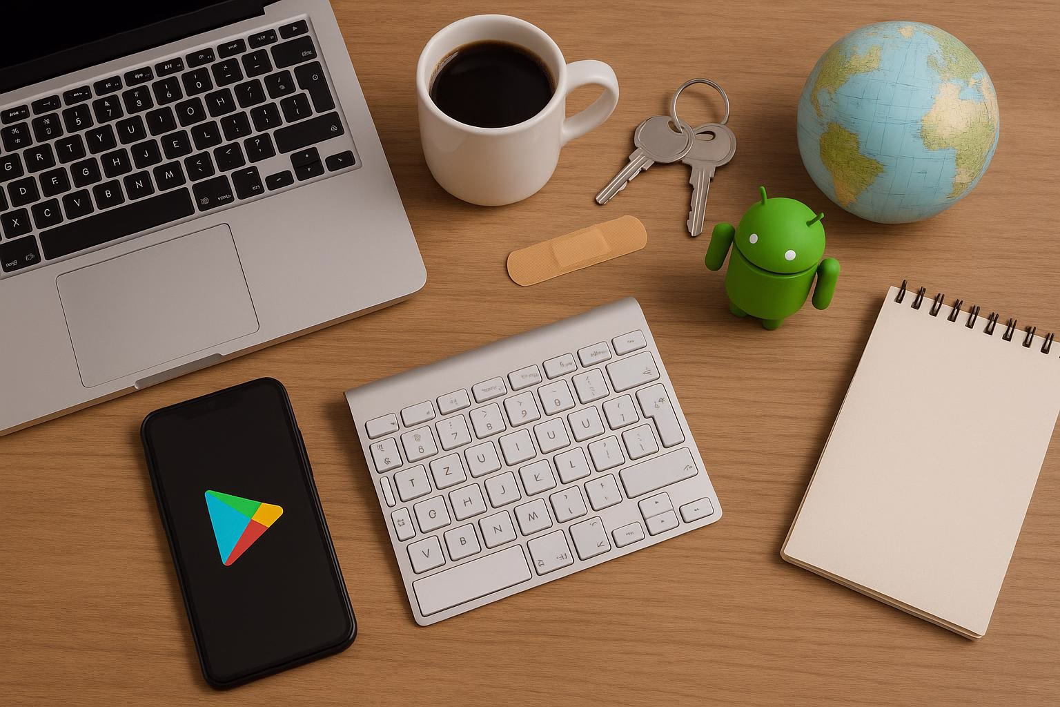 KDB Tech-Update 202603051605 Schreibtisch mit Laptop, Smartphone, Tastatur und Notizbuch; Kaffeetasse, Schlüssel, Pflaster, Android-Roboterfigur und Weltkugel als Tech-/Reise-Elemente.