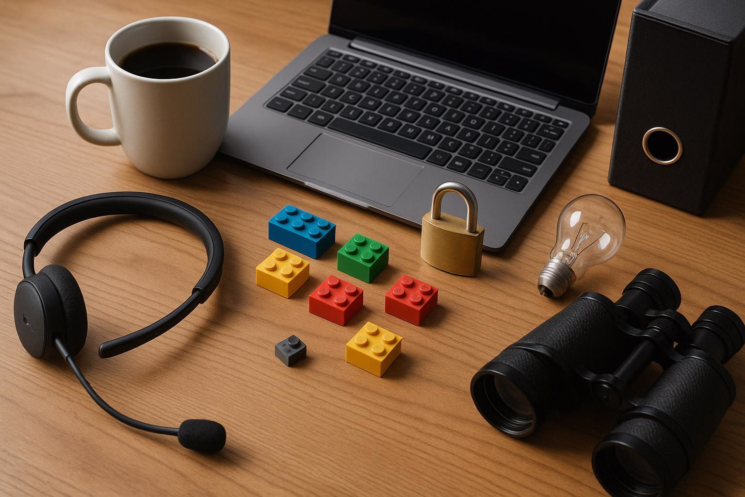 KDB Tech-Update 202603091601 Arbeitsplatz mit Laptop, Kaffeetasse, Vorhängeschloss, bunten Legosteinen, Headset, Ferngläsern und Glühbirne als Symbol für Technik und Sicherheit.