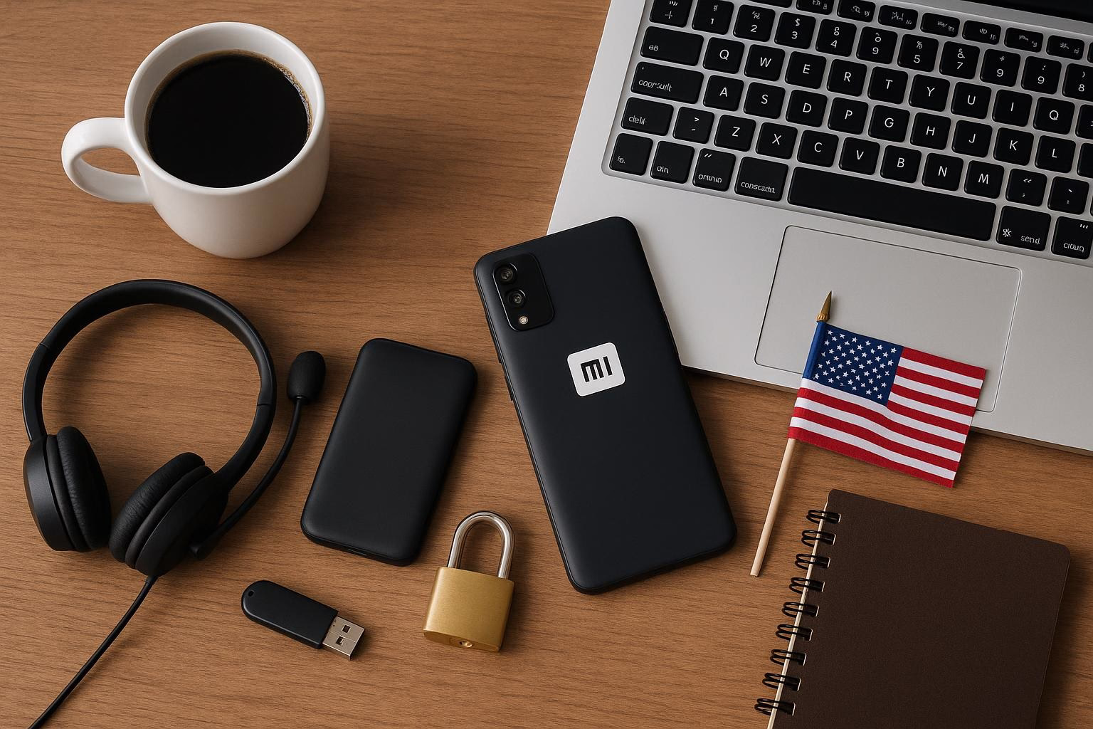 KDB Tech-Update 202603100604 Schreibtisch mit Laptop, Smartphone, Kaffeetasse, Headset, USB-Stick, Vorhängeschloss, Notizbuch und Mini-Flagge zur Darstellung von Technik und Sicherheit.