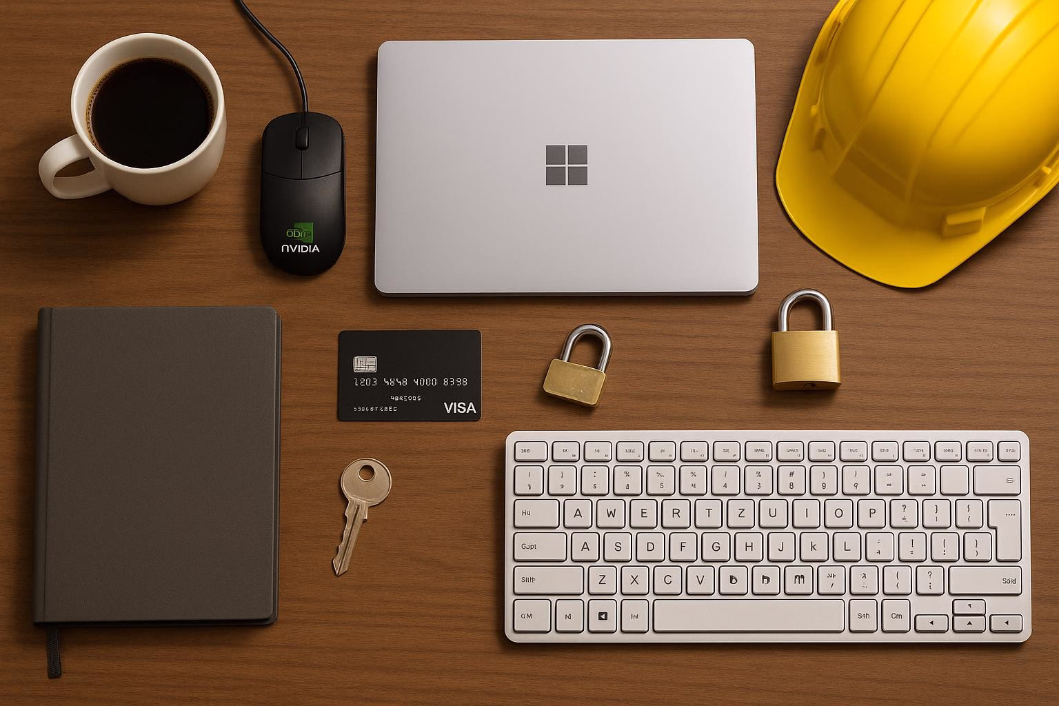 KDB Tech-Update 202603110605 Schreibtisch-Übersicht: Laptop, Maus, Tastatur, Kaffeetasse, Kreditkarte, Vorhängeschloss, Schlüsselbund und Schutzhelm als Hinweis auf IT-Sicherheit.
