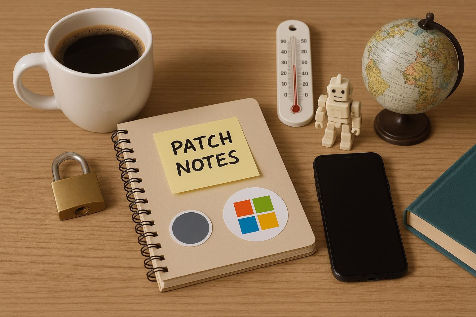 KDB Tech-Update 202603111606 Schreibtisch mit Kaffeetasse, Thermometer, Globus, Roboterfigur und Notizheft „PATCH NOTES“ sowie Handy und Vorhängeschloss zur Organisation.