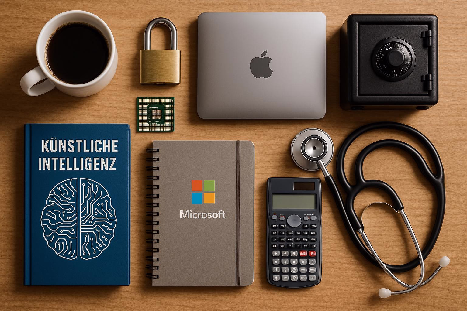 KDB Tech-Update 202603120607 Schreibtisch-Übersicht: Kaffeetasse, Laptop, verschlossenes Vorhängeschloss, Chip, Taschenrechner, Stethoskop und KI-Buch – Symbol für Technik und Sicherheit.