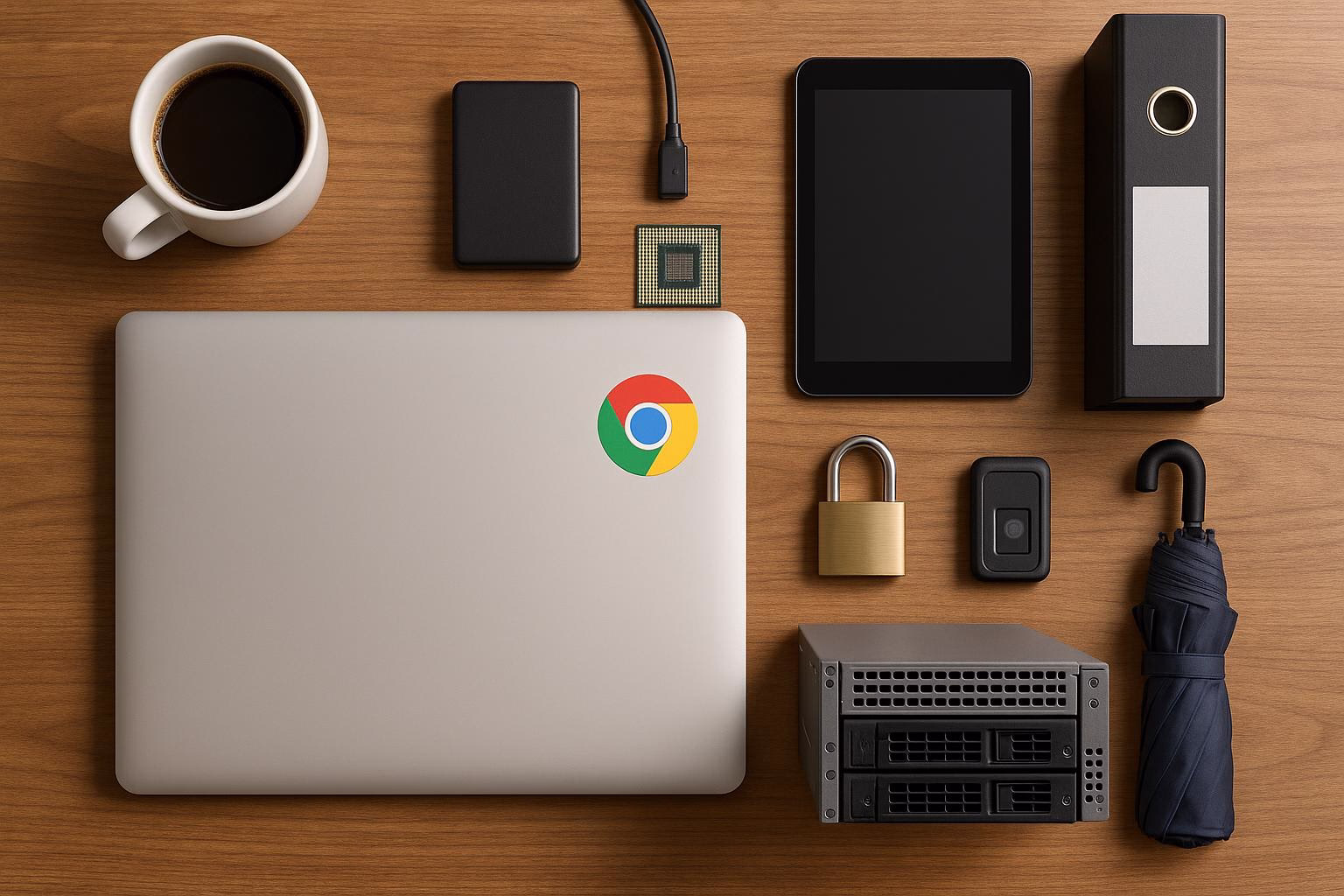 KDB Tech-Update 202603131606 Schreibtisch-Übersicht: Laptop, Tablet, externe SSD, Prozessorchip, verschlossene Geräte und Tablet-Schutz für Datensicherheit und Zugriffskontrolle.