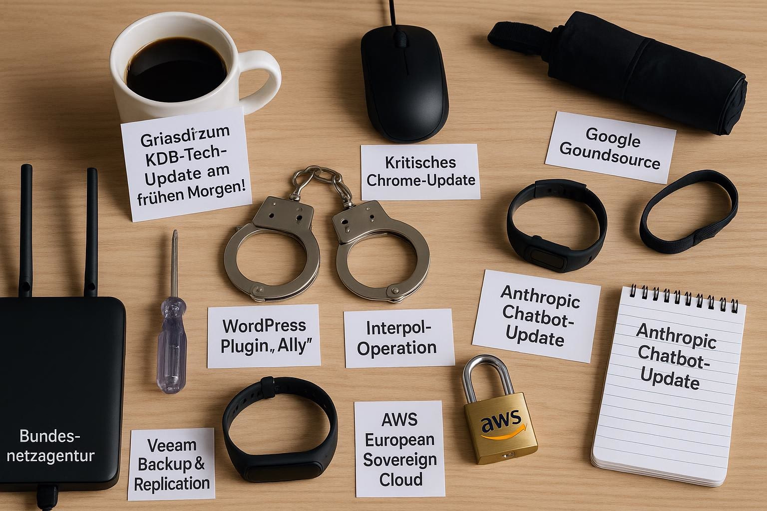 KDB Tech-Update 202603140604 Schreibtisch-Layout mit Kaffeetasse, Computermaus, Fitnessarmband, Laptop-Hülle; daneben Stempel-Notizen zu Updates, Handschellen, Router und gesperrtem AWS-Schloss.