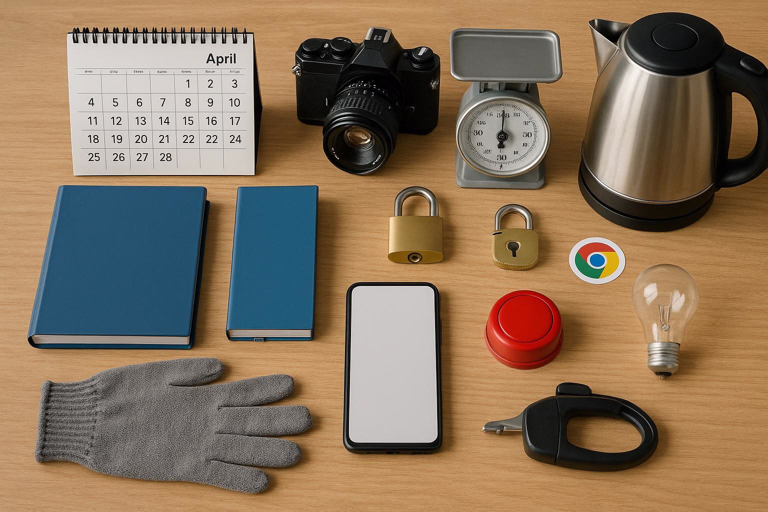KDB Tech-Update 202603141604 Kalender, Kamera, Waage, Wasserkocher, Schlösser, Alarmknopf, Smartphone und Ordner auf einem Schreibtisch zur Büroorganisation.
