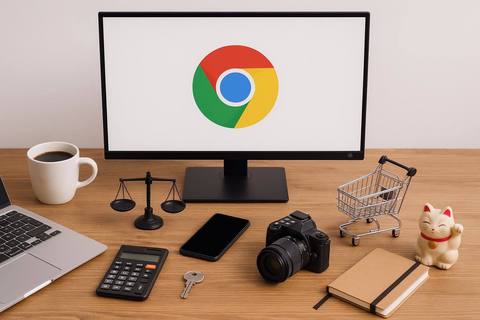 KDB Tech-Update 202603150605 Schreibtisch mit Monitor, Kaffeetasse und Rechenschiebern; daneben Smartphone, Waage, Kamera, Schlüssel und Notizbuch als Arbeitsutensilien.