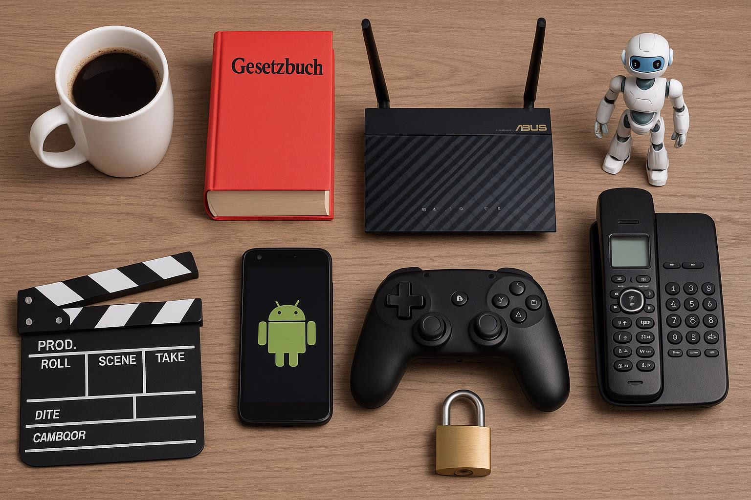 KDB Tech-Update 202603160601 Schreibtisch-Übersicht: Kaffeetasse, Gesetzbuch, Router, Roboterfigur, Smartphone, Gamecontroller, Filmklappe und Vorhängeschloss als Symbol für Technik.