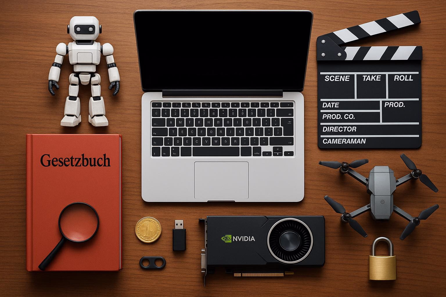KDB Tech-Update 202603161603 Schreibtisch-Layout: Laptop, Roboterfigur und Filmklappe; daneben USB-Stick, Grafikkarte, Drohnenmodell, Gesetzbuch und Vorhängeschloss als Technik-Thema.