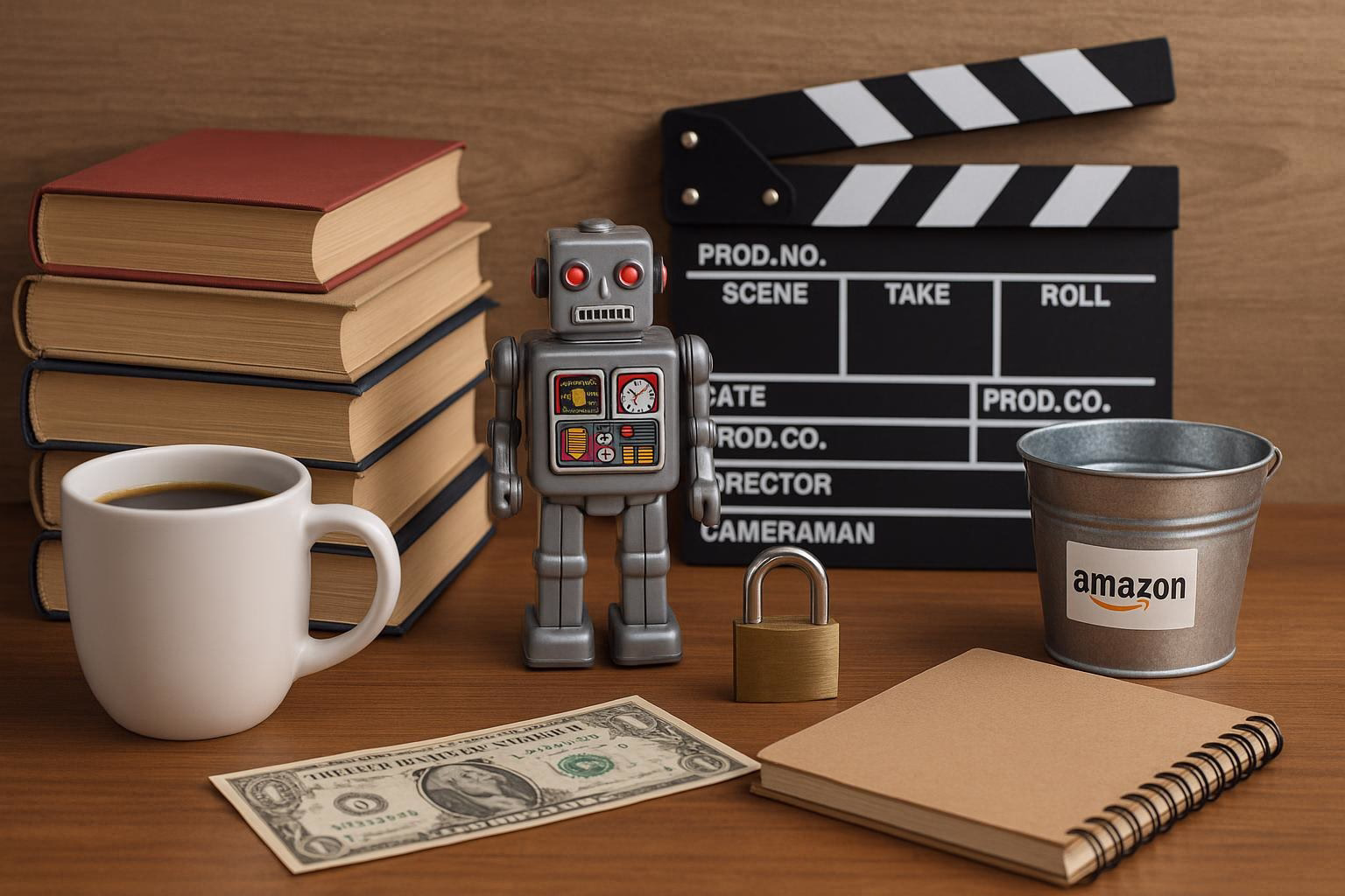 KDB Tech-Update 202603170602 Schreibtisch mit Roboterfigur, Filmklappe, Büchern, Kaffeetasse, Geldscheinen und Vorhängeschloss; Symbolbild für kreative Technik- und Produktionsarbeit.
