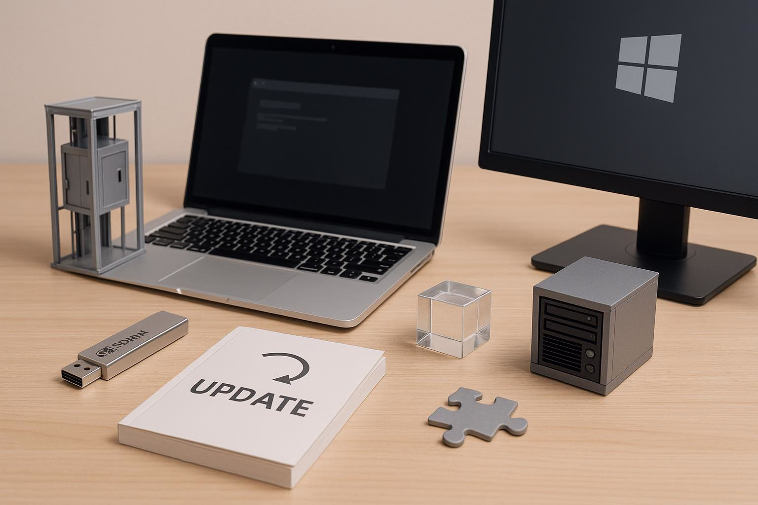 KDB Tech-Update 202603171605 Schreibtisch mit Laptop, Monitor, USB-Stick, Update-Handbuch, Server- und Glaswürfel-Modellen sowie Puzzle-Teil als Symbol für Tech-Update.
