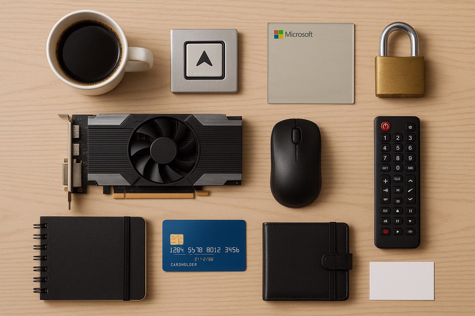 KDB Tech-Update 202603180601 Übersicht eines Schreibtischs mit Kaffeetasse, Grafikkarte, Computermaus, Fernbedienung, Bankkarte, Notebook, Organizer und Schließfachschloss; ordnende Blickführung.