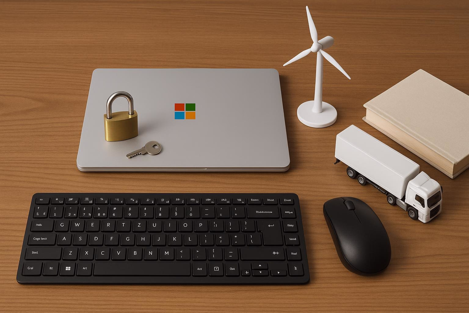 KDB Tech-Update 202603181606 Schreibtisch mit Laptop, Schlüsseln, Vorhängeschloss, Tastatur, Maus, Miniatur-Windrad und Modell-Lkw; visualisiert IT-Sicherheit und Technik.