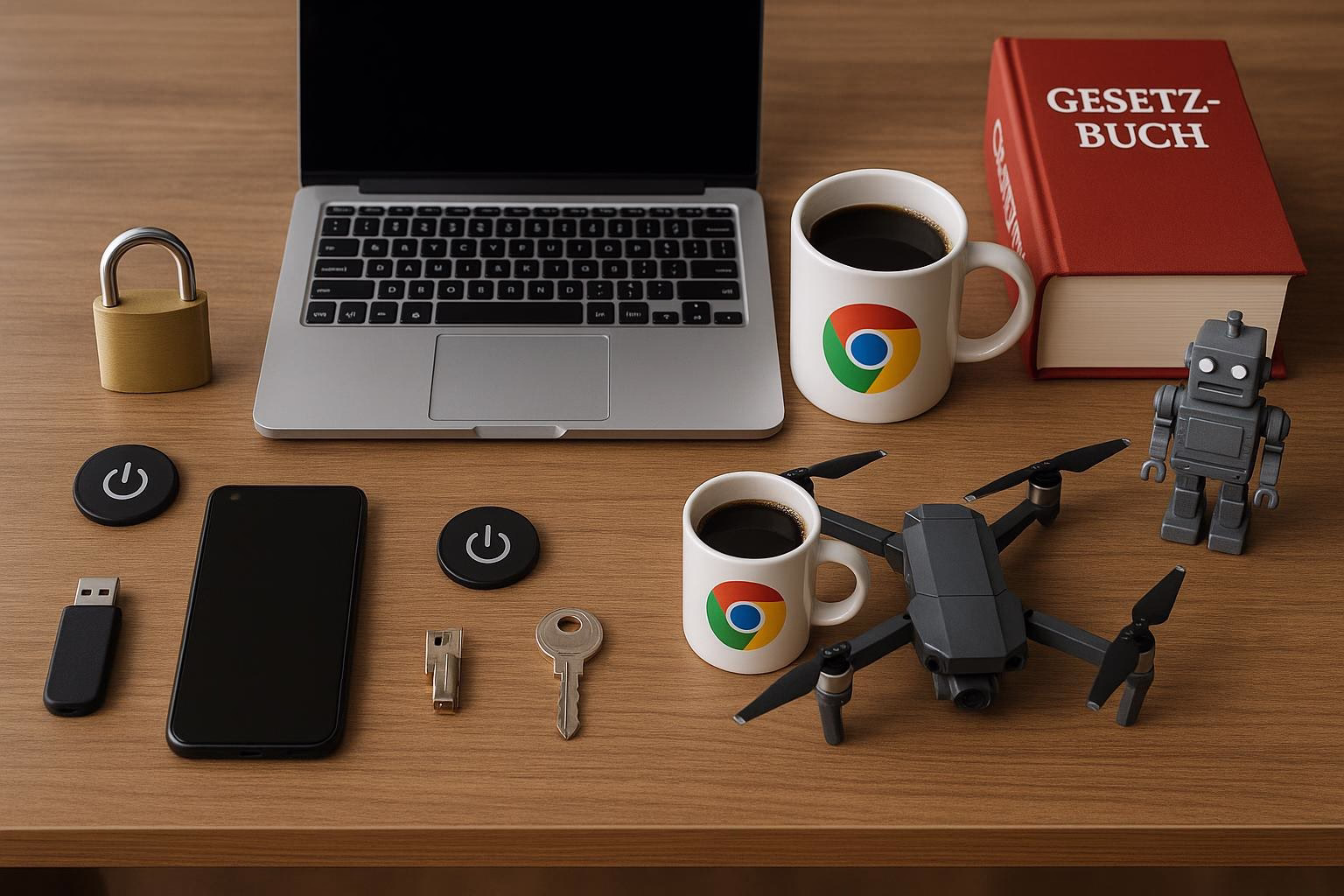 KDB Tech-Update 202603210604 Schreibtisch mit Laptop, Schloss und Schlüsseln, Smartphone, USB-Stick, Kaffeetassen, Gesetzbuch und Roboterfigur—Symbol für Technik und Sicherheit.