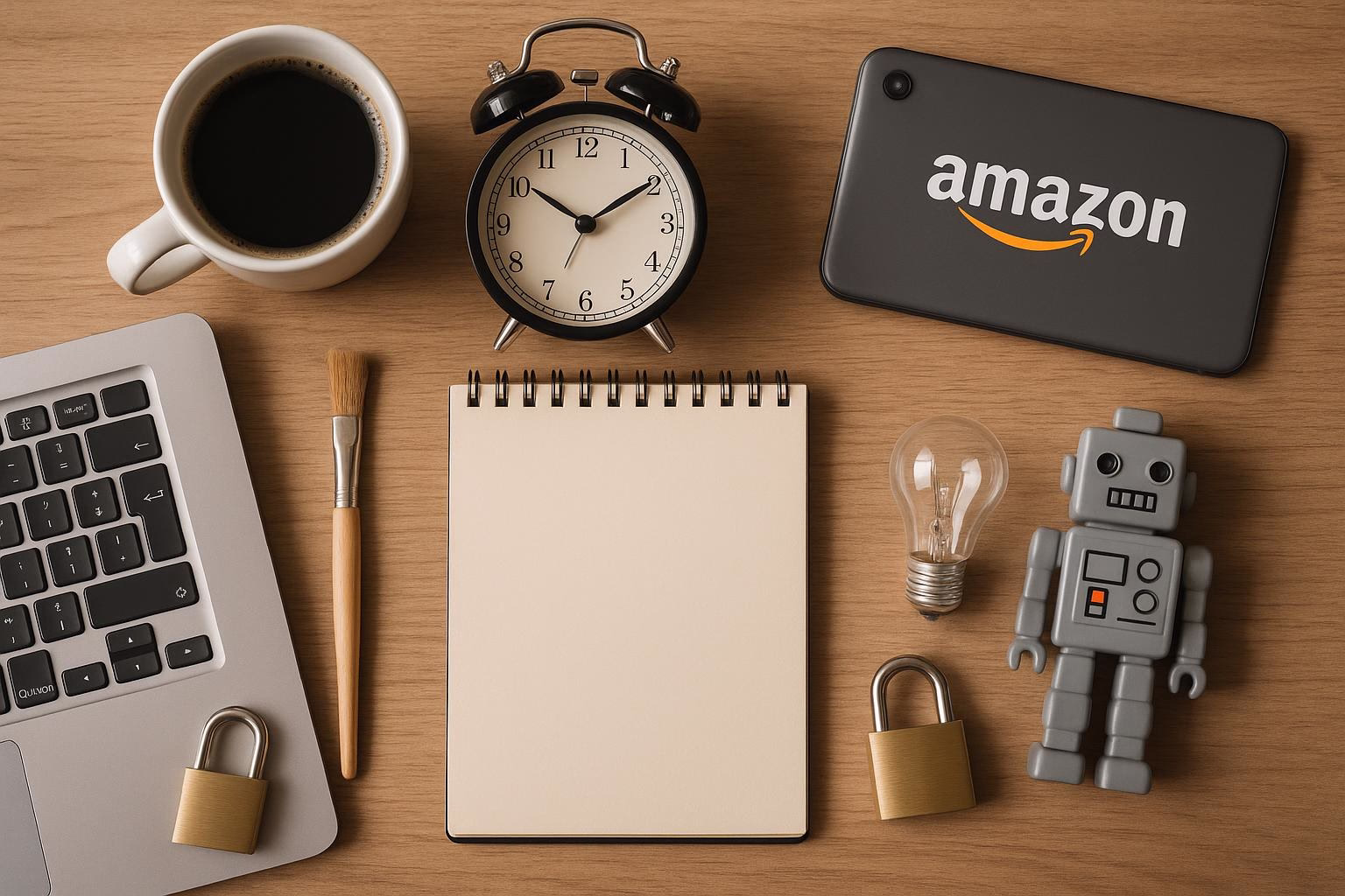 KDB Tech-Update 202603220605 Schreibtisch mit Kaffeetasse, Wecker, Laptop-Tastatur, Notizblock, Pinsel, Smartphone, Glühbirne und Roboterfigur; für Büro- und Produktivitäts-Thema.