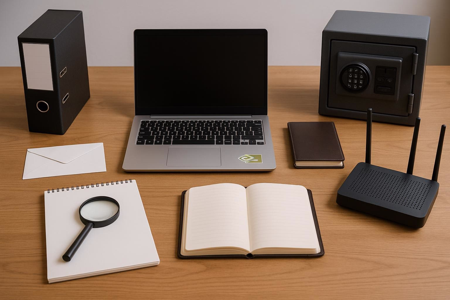 KDB Tech-Update 202603241602 Schreibtisch mit geöffnetem Laptop, Aktenordnern, Notizbuch, Lupe, Router und Sicherheitsbox; vermittelt Organisations- und Technik-Setup für Recherchen.