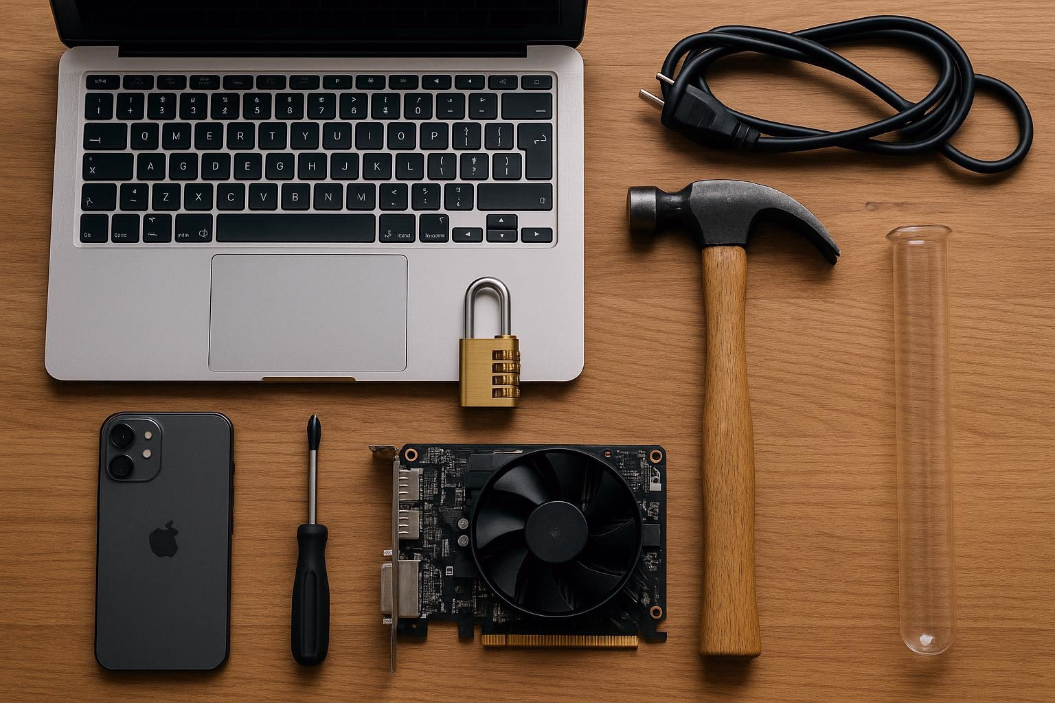 KDB Tech-Update 202603251602 Laptop, entsperrtes Vorhängeschloss, Netzkabel, Hammer und Werkzeuge; daneben Smartphone und Grafikkarte sowie Reagenzglas zur Darstellung einer Reparatur/Technik-Update.